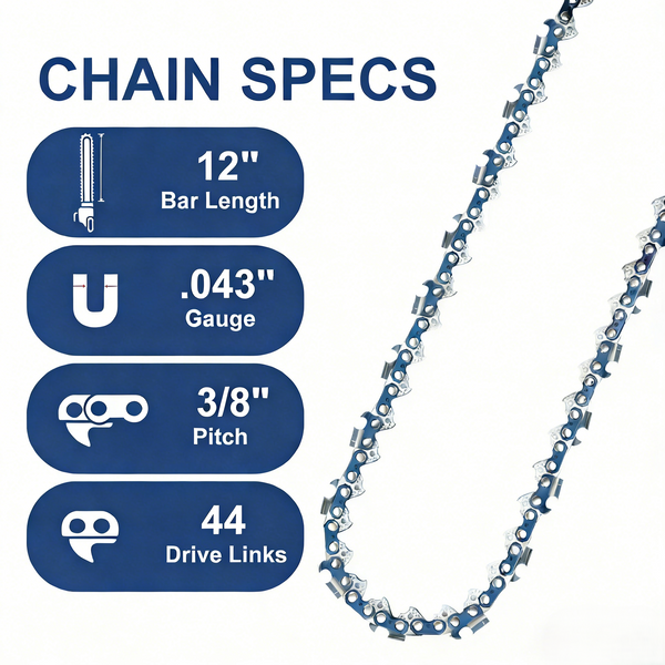 Meckorn 12 Inch Chainsaw Chain for Echo PAS-260, PP-1250, PP-1260 | 3/8" .043" 44DL