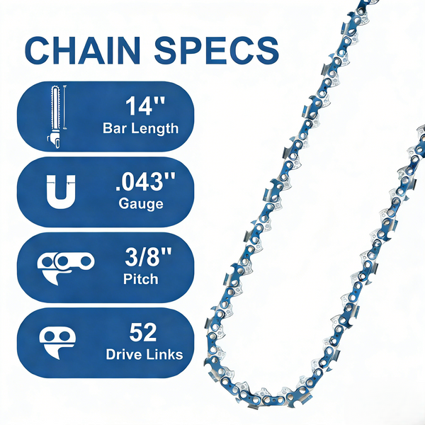 Meckorn 14 Inch Chainsaw Chain 3/8" LP Pitch .043" Gauge 52 Drive Links Fit for EGO CS1400/1401, Worx WG384, Makita XCU08, Fits Husqvarna 120i 240 436 LI 536 LIXP T536 LIXP, Replacement for Oregon R52