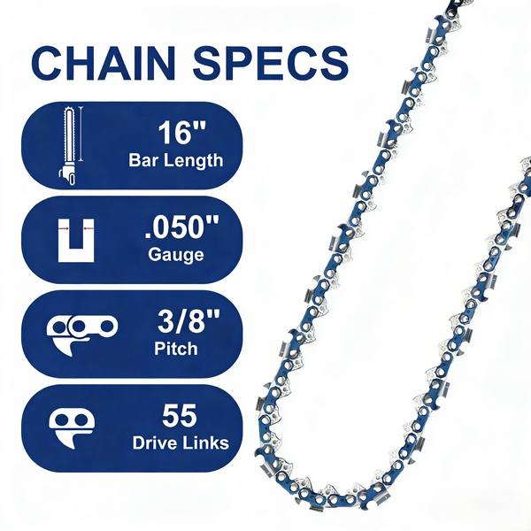 Meckorn 16 Inch Chainsaw Chain 3/8" LP Pitch .050" Gauge 55 Drive Links, Fit for Stihl MS 170, MS 180, MS 210, MS 211, 021, 023, 63PM55E and McCulloch, Replacement for Oregon S55 T55 91VXL055G