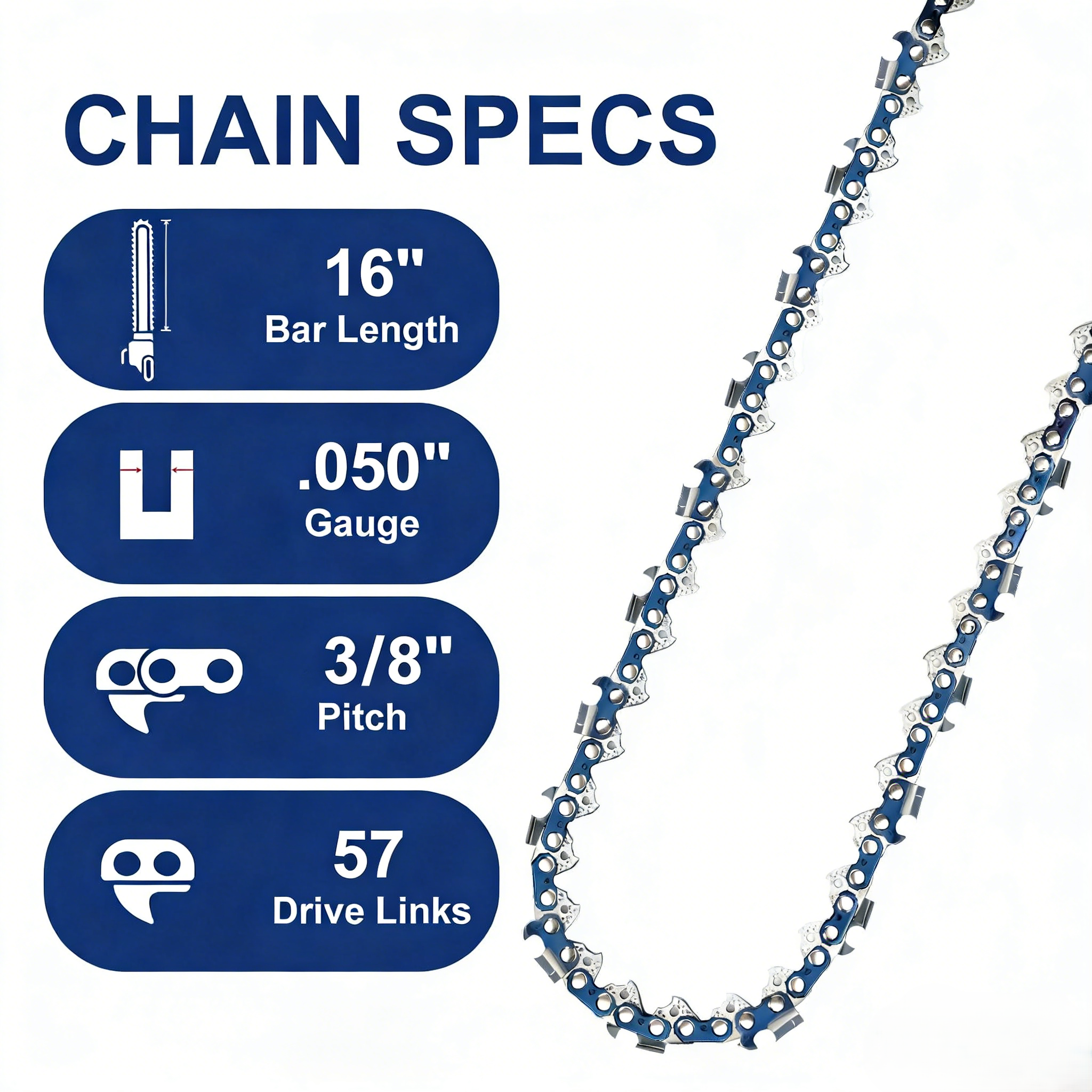 Meckorn 16 Inch Chainsaw Chain 3/8" LP Pitch .050" Gauge 57 Drive Links, Fit for Echo CS-3510-16, CS-352, CS-3400, CS-400F and Worx WG300,WG303 Replacement for Oregon S57 91PX57CQ 91VG57CQ