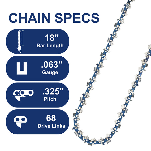 Meckorn 18 Inch Chainsaw Chain 0.325" Pitch .063" Gauge 68 Drive Links, Fits Stihl(PRE 2023 .063" Gauge) 025 MS250 MS251 MS230, Replace for 3639 005 0068, 3005 008 4717, 26RM3 68 Oregon L68 V68