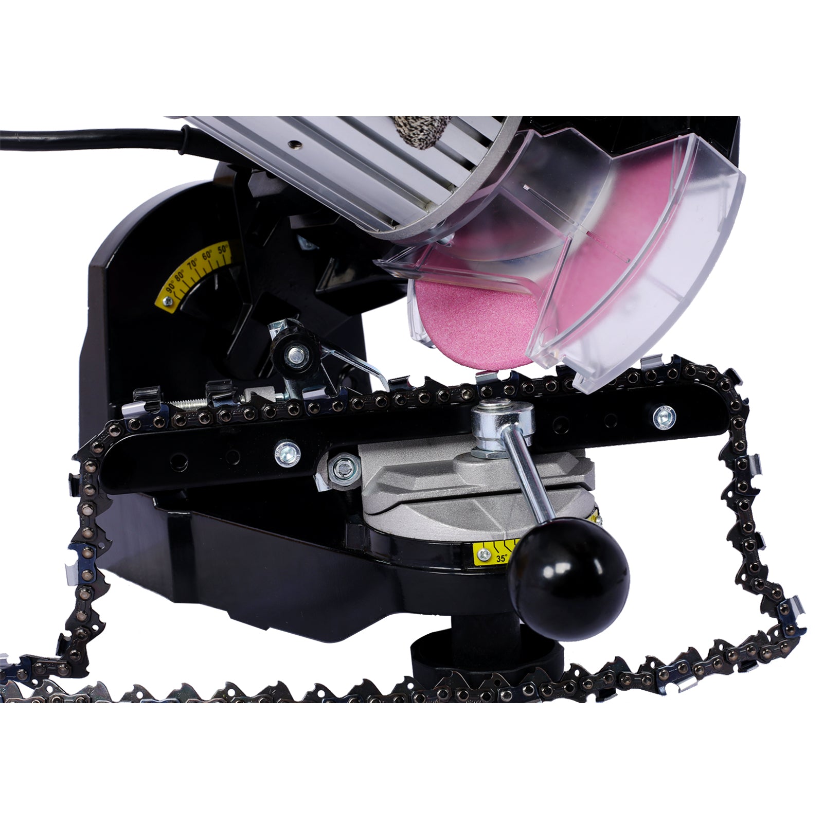 Afilador de motosierra eléctrico Meckorn, afilador de cadena profesional multiángulo ajustable, afilador de banco de 120 voltios con 2 muelas, afilador de cadena de motosierra universal, herramienta para todo tipo de cadenas de motosierra. 
