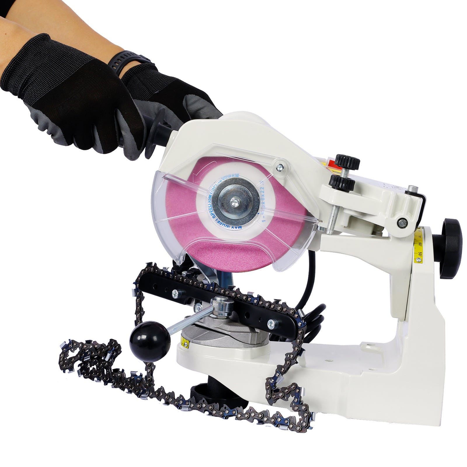 Afilador de motosierra eléctrico Meckorn, afilador de cadena profesional multiángulo ajustable, afilador de banco de 120 voltios con 3 muelas, afilador de cadena de motosierra universal, herramienta para todo tipo de cadenas de motosierra.