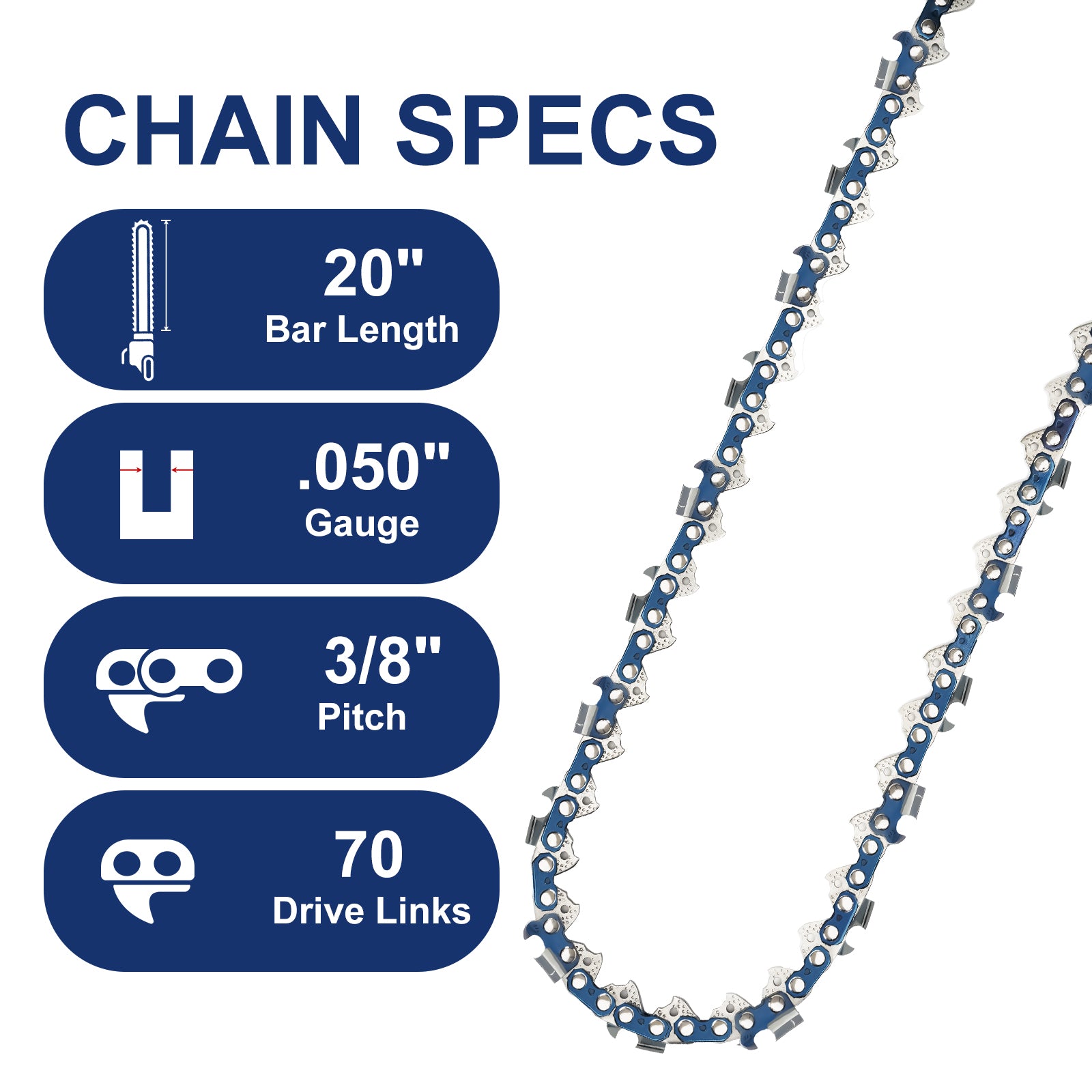 Meckorn 20 Inch Chainsaw Chain 3/8" Pitch 0.050" Gauge 70 Drive Links, Fits Echo CS-590 timber wolf CS-4400 CS-450 CS-1001 and Poulan PR5020, McCulloch,Replacement for Oregon 72LPX70CQ D70 E70