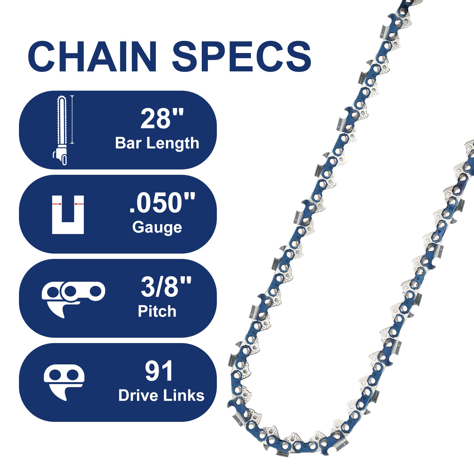 Meckorn 28 Inch Chainsaw Chain for Stihl MS440, MS660, MS661 | 3/8" .050" 91DL
