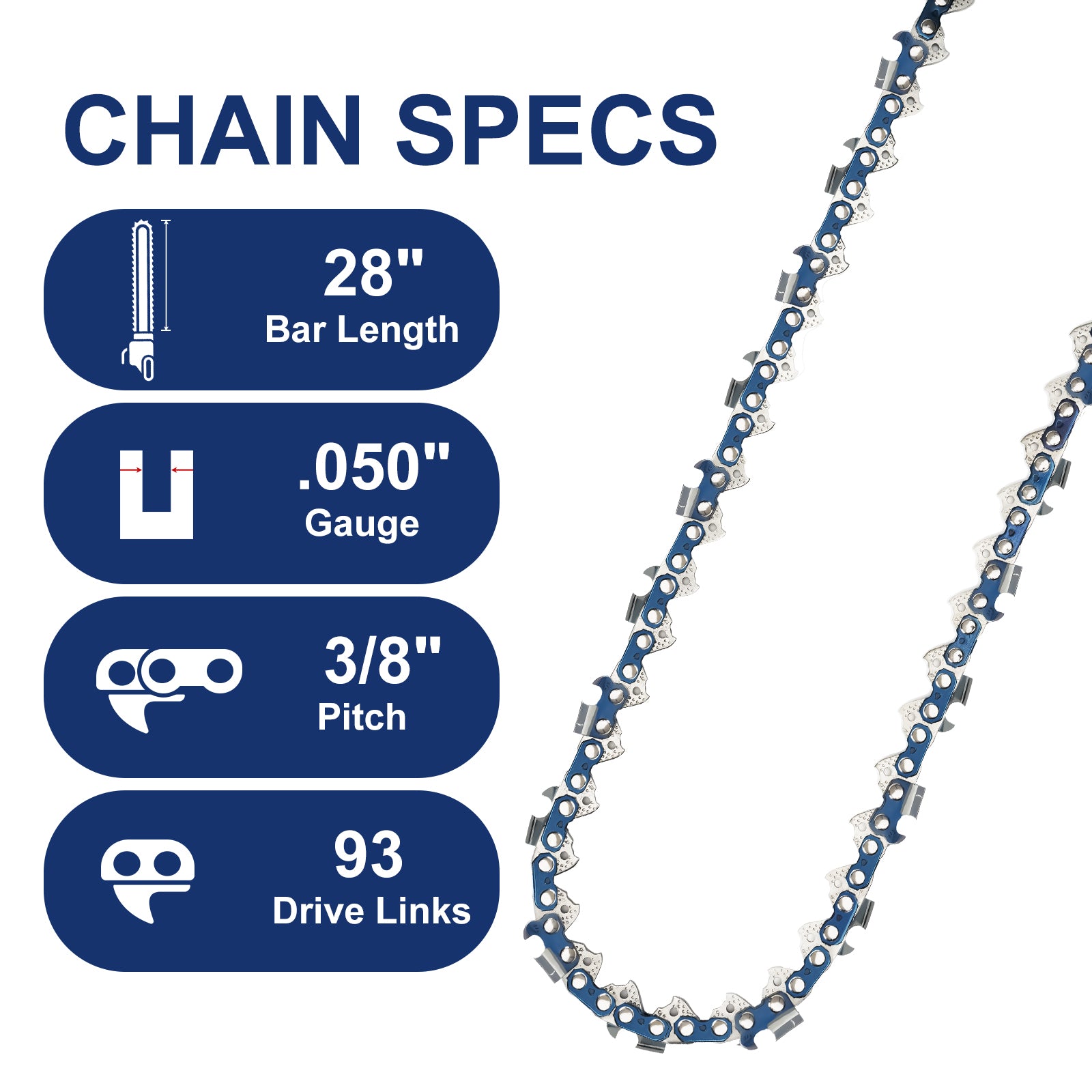 Meckorn 28 Inch Chainsaw Chain for Husqvarna 372XP, 562XP, 572XP | 3/8" .050" 93DL